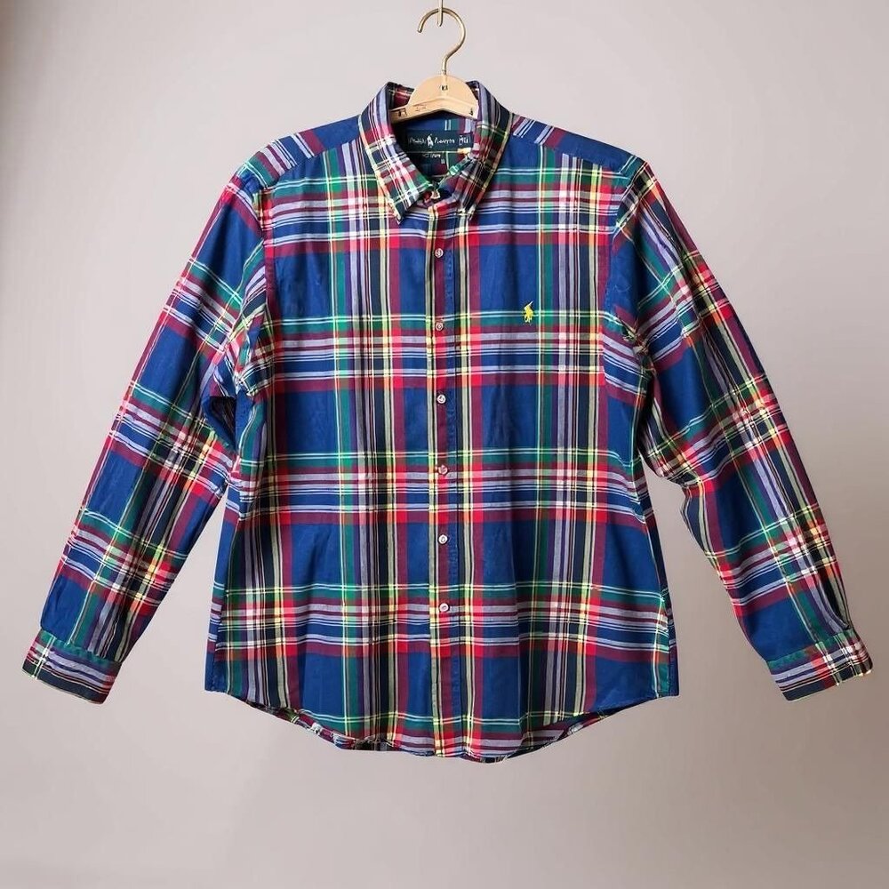 Ralph Lauren  Mens XL Shirt Blue Plaid Custom Fit Yellow Pony Button Down Preppy